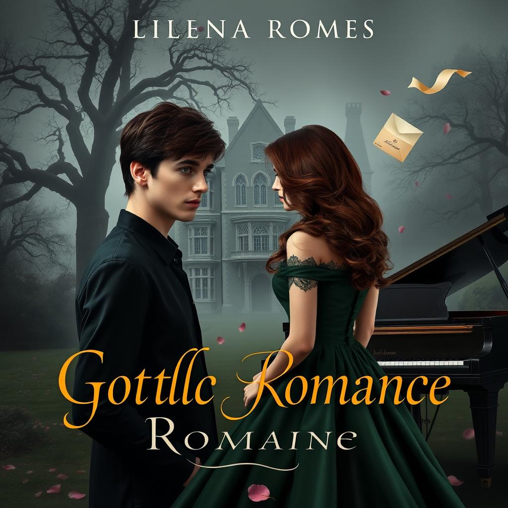 A gothic romance book cover featuring an old English manor enveloped in mist, surrounded by ancient oak trees and wilted rose gardens