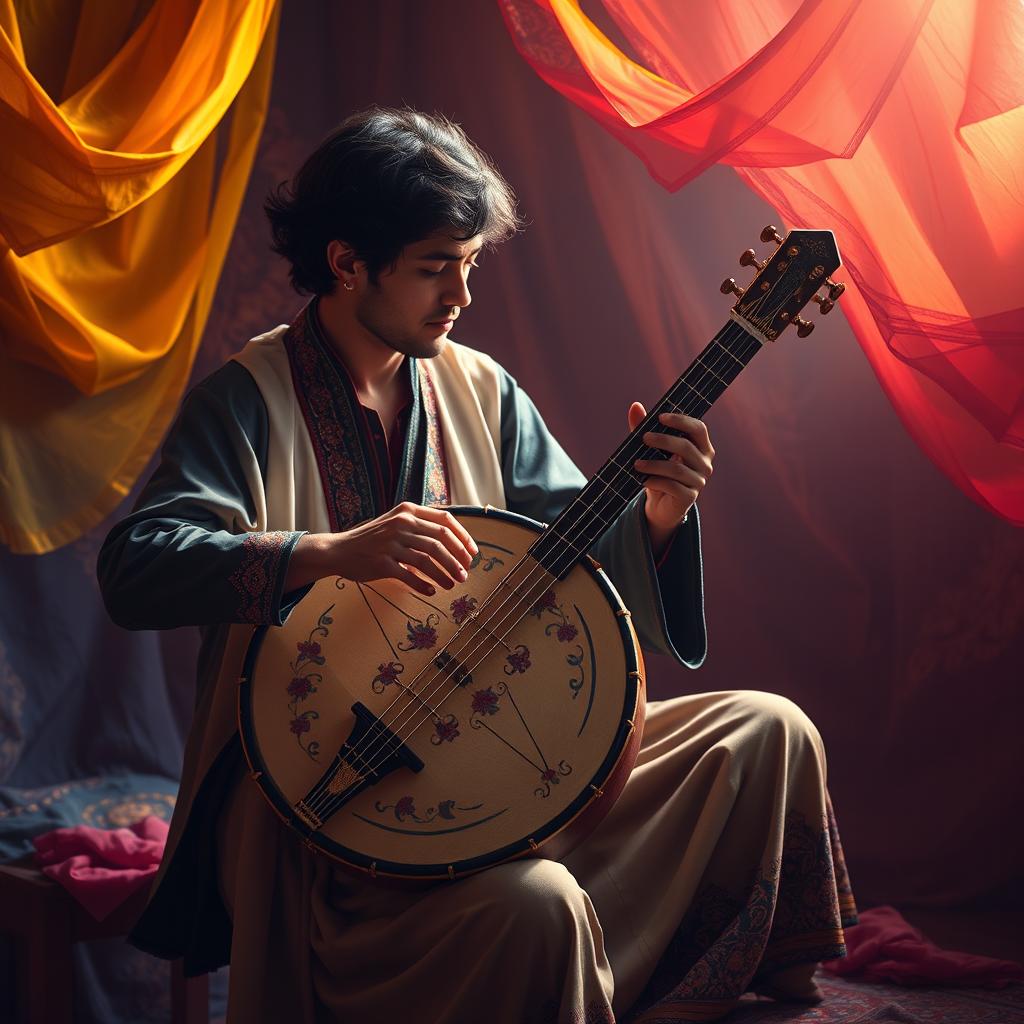 An artistic representation of a person playing the daf, a traditional Persian frame drum