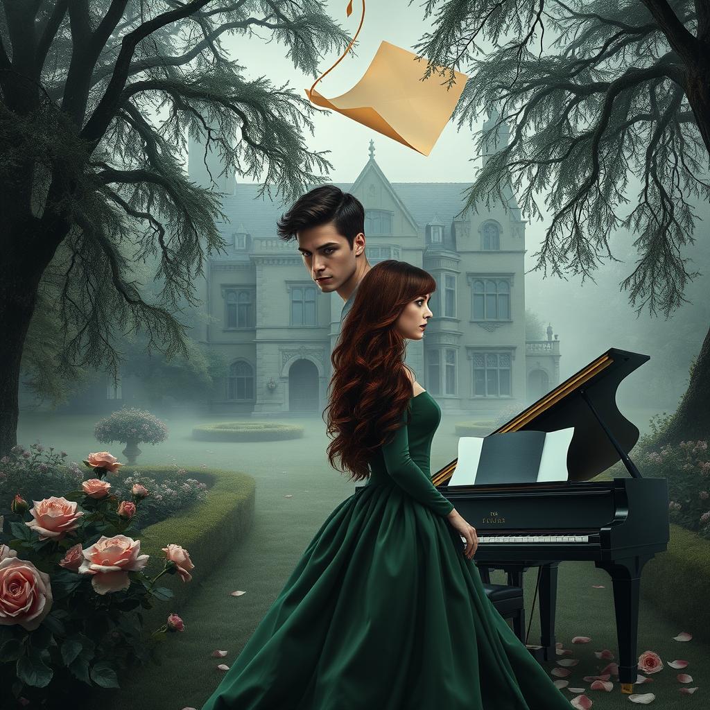 A gothic romance book cover featuring an old English manor shrouded in misty oak trees and wilted rose gardens