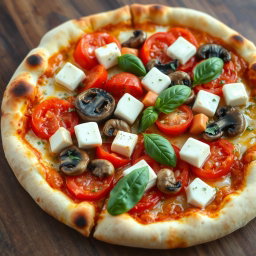 A vibrant pizza preparation featuring juicy tomatoes, tender mushrooms, paneer cubes, and green capsicum, all blended with gooey mozzarella cheese to create a creamy texture