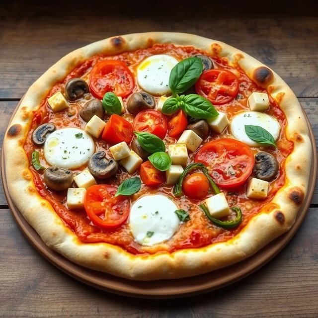 A vibrant pizza preparation featuring juicy tomatoes, tender mushrooms, paneer cubes, and green capsicum, all blended with gooey mozzarella cheese to create a creamy texture
