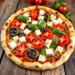A vibrant pizza preparation featuring juicy tomatoes, tender mushrooms, paneer cubes, and green capsicum, all blended with gooey mozzarella cheese to create a creamy texture