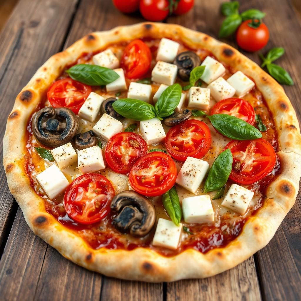A vibrant pizza preparation featuring juicy tomatoes, tender mushrooms, paneer cubes, and green capsicum, all blended with gooey mozzarella cheese to create a creamy texture