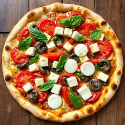 A vibrant pizza preparation featuring juicy tomatoes, tender mushrooms, paneer cubes, and green capsicum, all blended with gooey mozzarella cheese to create a creamy texture