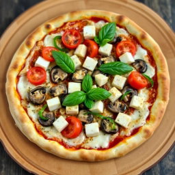 A mouthwatering pizza preparation featuring juicy tomatoes, tender mushrooms, paneer cubes, and vibrant green capsicum, all harmoniously blended with rich mozzarella cheese for a creamy texture