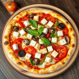 A mouthwatering pizza preparation featuring juicy tomatoes, tender mushrooms, paneer cubes, and vibrant green capsicum, all harmoniously blended with rich mozzarella cheese for a creamy texture
