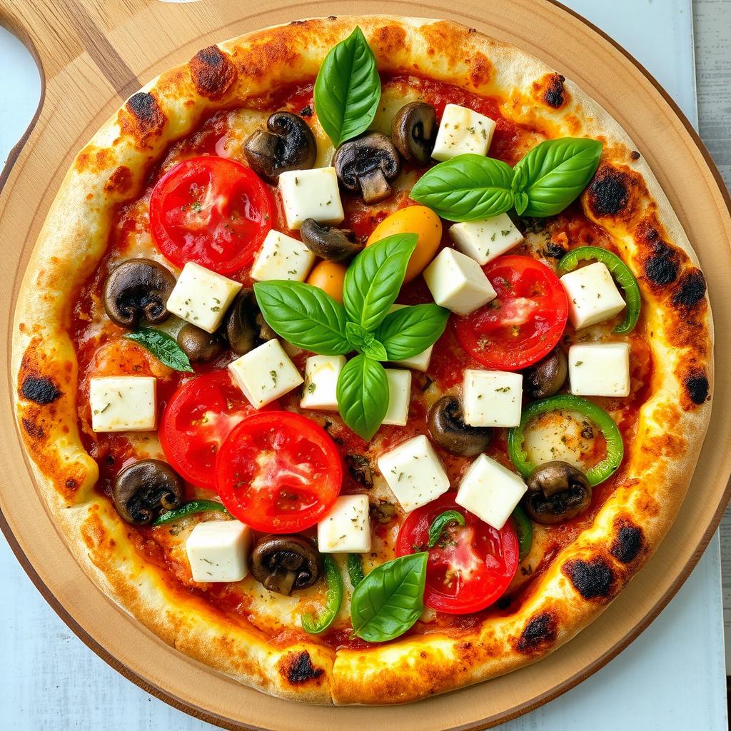 A mouthwatering pizza preparation featuring juicy tomatoes, tender mushrooms, paneer cubes, and vibrant green capsicum, all harmoniously blended with rich mozzarella cheese for a creamy texture