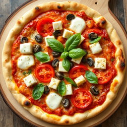 A mouthwatering pizza preparation featuring juicy tomatoes, tender mushrooms, paneer cubes, and vibrant green capsicum, all harmoniously blended with rich mozzarella cheese for a creamy texture