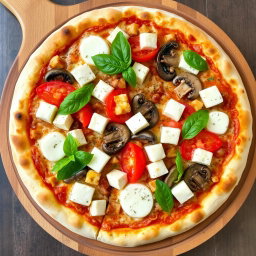 An appetizing pizza preparation showcasing juicy tomatoes, tender mushrooms, paneer cubes, and bright capsicum, all seamlessly blended with creamy mozzarella cheese for a luscious texture