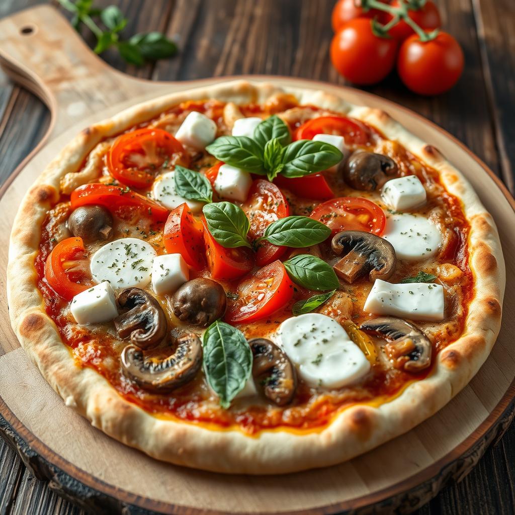 An appetizing pizza preparation showcasing juicy tomatoes, tender mushrooms, paneer cubes, and bright capsicum, all seamlessly blended with creamy mozzarella cheese for a luscious texture