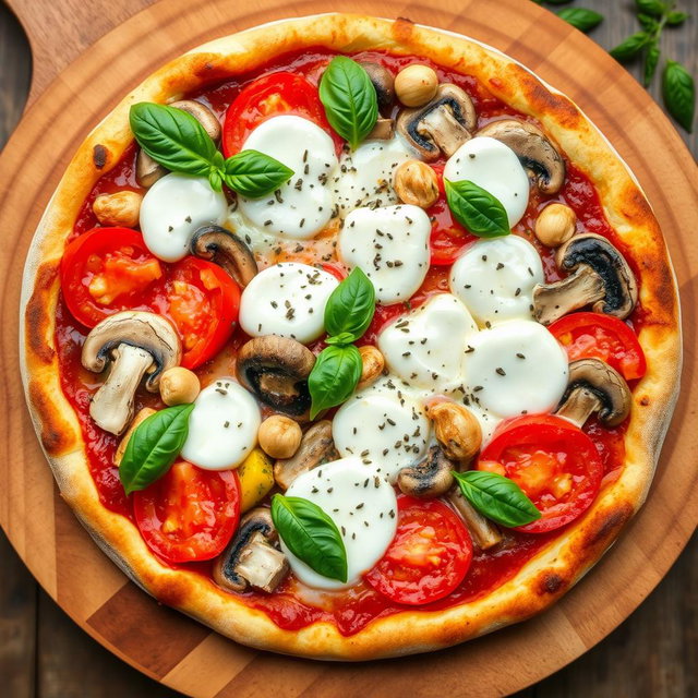 An appetizing pizza preparation showcasing juicy tomatoes, tender mushrooms, paneer cubes, and bright capsicum, all seamlessly blended with creamy mozzarella cheese for a luscious texture