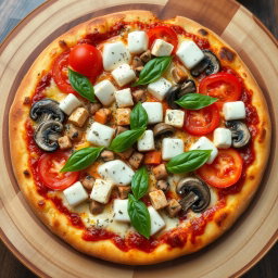 An appetizing pizza preparation showcasing juicy tomatoes, tender mushrooms, paneer cubes, and bright capsicum, all seamlessly blended with creamy mozzarella cheese for a luscious texture