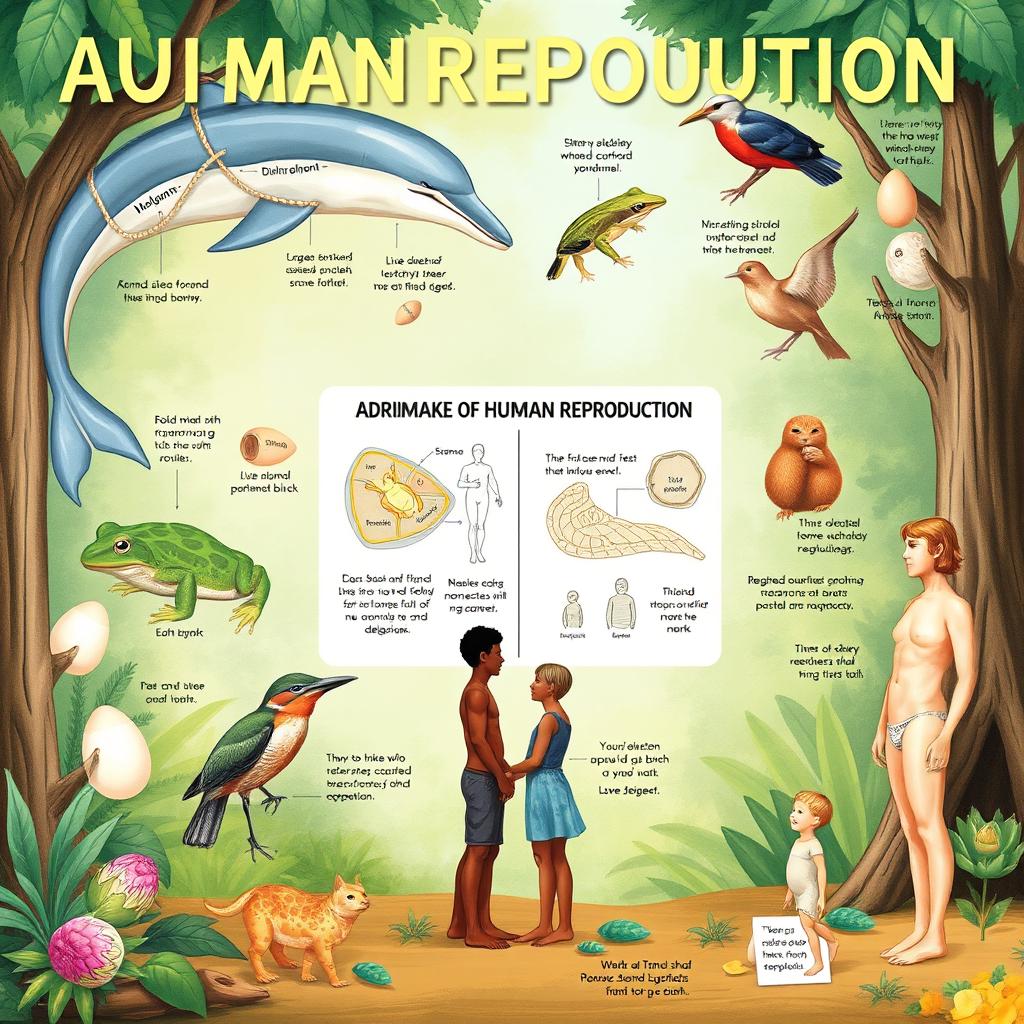 A detailed and educational illustration comparing animal reproduction with human reproduction