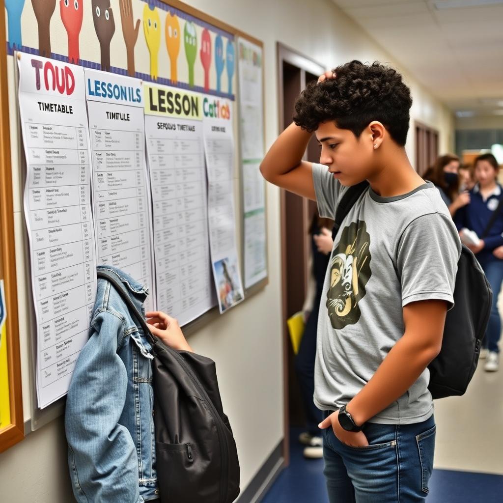 Two teenagers intently examining their school lesson timetables displayed on a school bulletin board