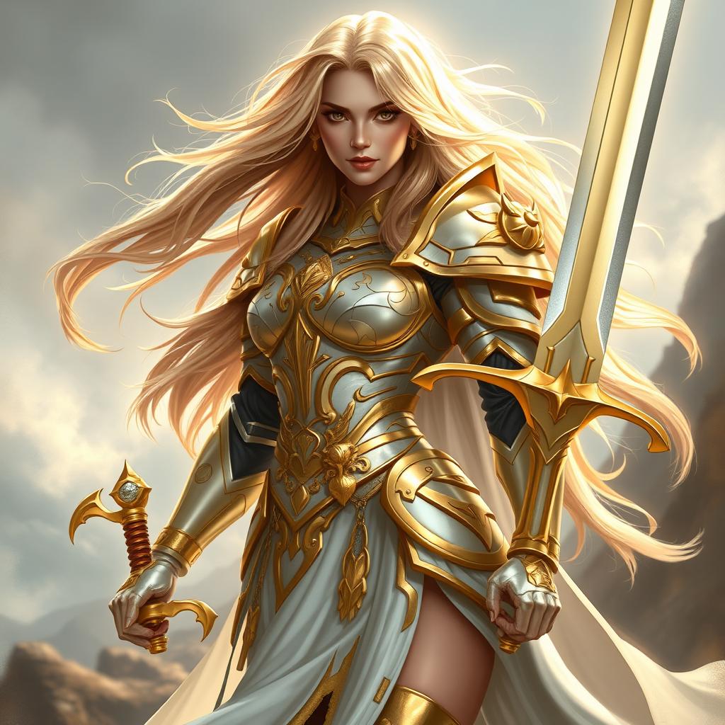 A full-body depiction of a woman with long, flowing golden hair, dressed in elegant white and gold armor that shines brilliantly