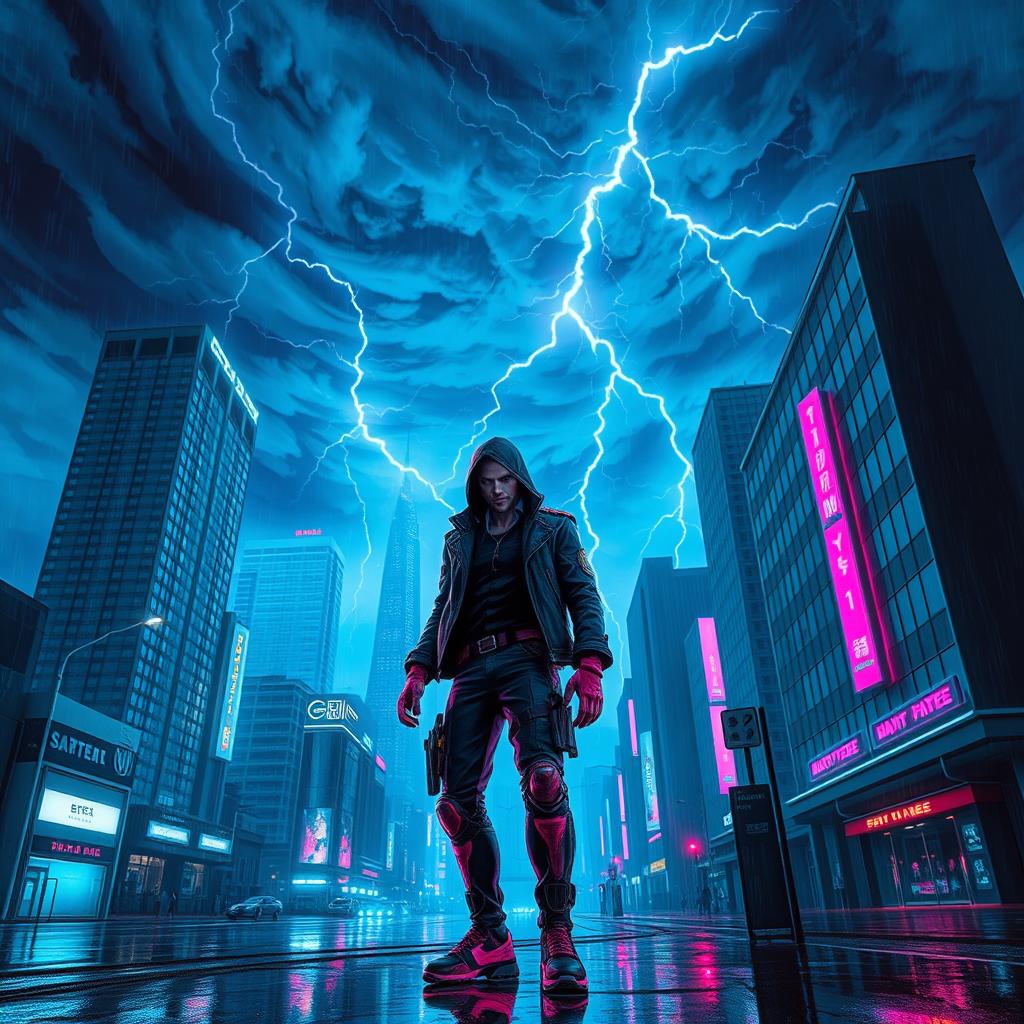 A thrilling cyberpunk scene, featuring a dynamic character with futuristic attire, set against a dark, neon-lit urban landscape