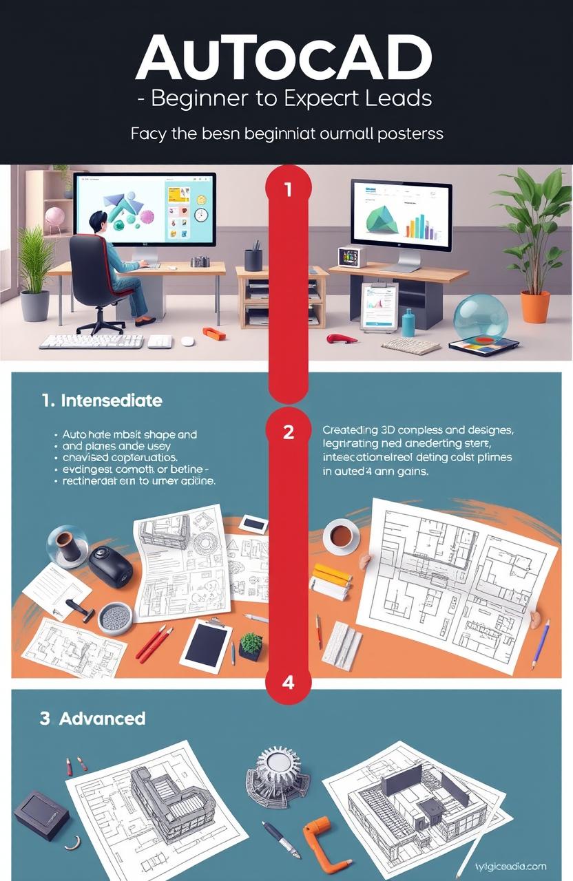 A visual guide illustrating the process of learning AutoCAD from beginner to expert level