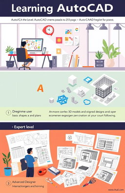 A visual guide illustrating the process of learning AutoCAD from beginner to expert level
