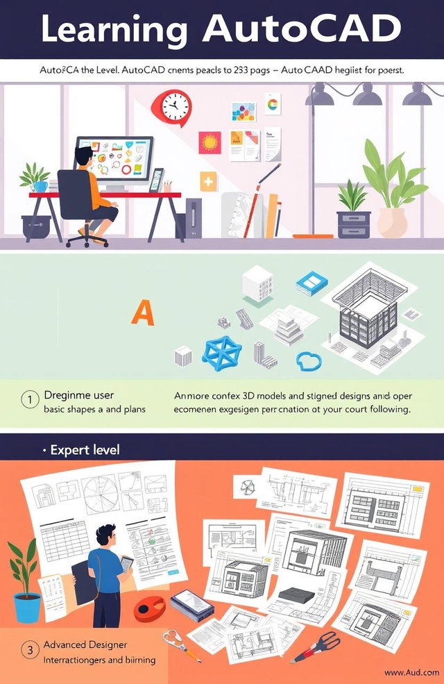 A visual guide illustrating the process of learning AutoCAD from beginner to expert level