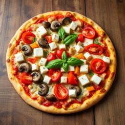 A delectable vegetarian pizza with juicy tomatoes, tender mushrooms, paneer cubes, and colorful capsicum, all harmoniously blended beneath a layer of melted mozzarella cheese for a rich and creamy texture