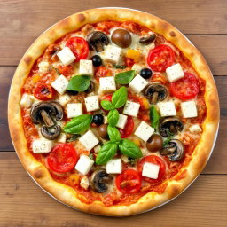 A delectable vegetarian pizza with juicy tomatoes, tender mushrooms, paneer cubes, and colorful capsicum, all harmoniously blended beneath a layer of melted mozzarella cheese for a rich and creamy texture