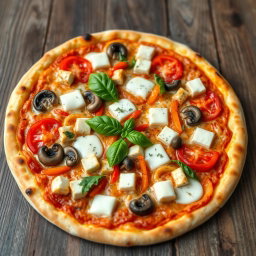 A delectable vegetarian pizza with juicy tomatoes, tender mushrooms, paneer cubes, and colorful capsicum, all harmoniously blended beneath a layer of melted mozzarella cheese for a rich and creamy texture