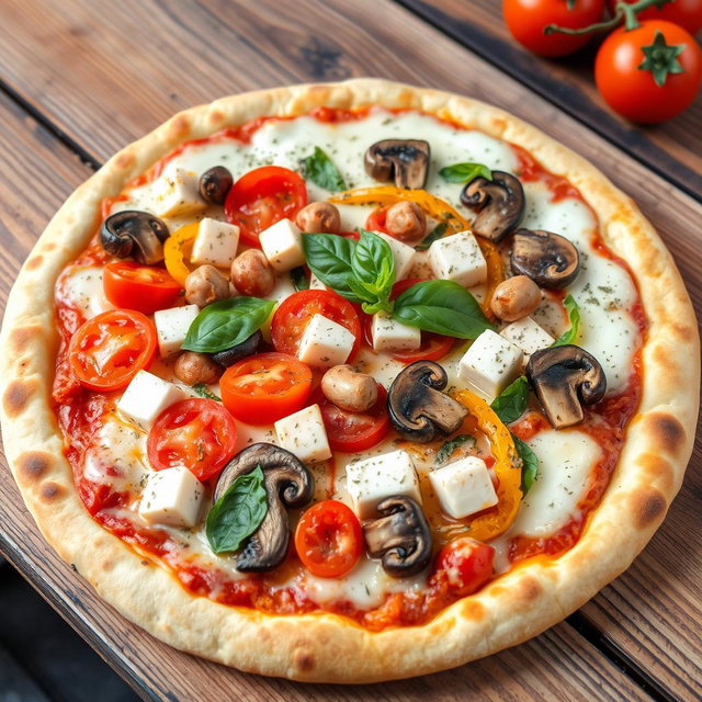 A delectable vegetarian pizza with juicy tomatoes, tender mushrooms, paneer cubes, and colorful capsicum, all harmoniously blended beneath a layer of melted mozzarella cheese for a rich and creamy texture