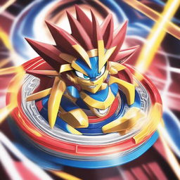 Ryuga's powerful and intricate Beyblade, known as L-Drago, spinning fiercely in a well-lit Beyblade stadium. The Beyblade is a vibrant mixture of gold and maroon, radiating energy and intensity.