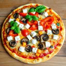 A delicious vegetarian pizza topped with juicy tomatoes, tender mushrooms, paneer cubes, and colorful capsicum, all blended with gooey, melted mozzarella cheese for a creamy texture