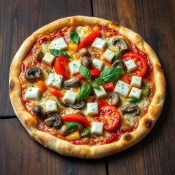 A delicious vegetarian pizza topped with juicy tomatoes, tender mushrooms, paneer cubes, and colorful capsicum, all blended with gooey, melted mozzarella cheese for a creamy texture