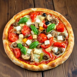 A delicious vegetarian pizza topped with juicy tomatoes, tender mushrooms, paneer cubes, and colorful capsicum, all blended with gooey, melted mozzarella cheese for a creamy texture