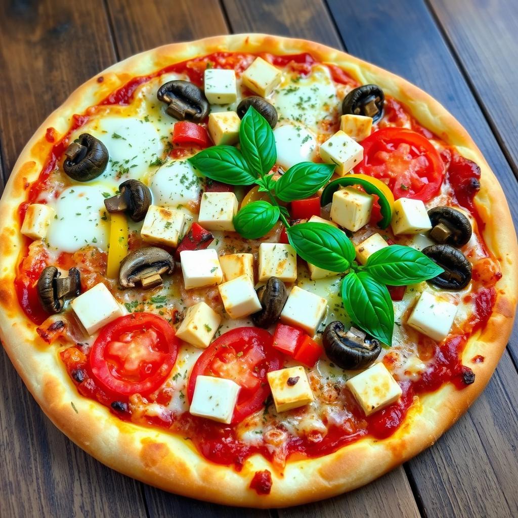 A delicious vegetarian pizza topped with juicy tomatoes, tender mushrooms, paneer cubes, and colorful capsicum, all blended with gooey, melted mozzarella cheese for a creamy texture