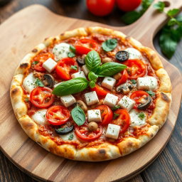A vibrant vegetarian pizza featuring juicy tomatoes, tender mushrooms, paneer cubes, and crunchy capsicum, all beautifully blended under a luscious layer of melted mozzarella cheese for a creamy texture