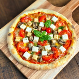 A vibrant vegetarian pizza featuring juicy tomatoes, tender mushrooms, paneer cubes, and crunchy capsicum, all beautifully blended under a luscious layer of melted mozzarella cheese for a creamy texture