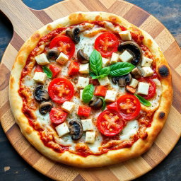 A vibrant vegetarian pizza featuring juicy tomatoes, tender mushrooms, paneer cubes, and crunchy capsicum, all beautifully blended under a luscious layer of melted mozzarella cheese for a creamy texture