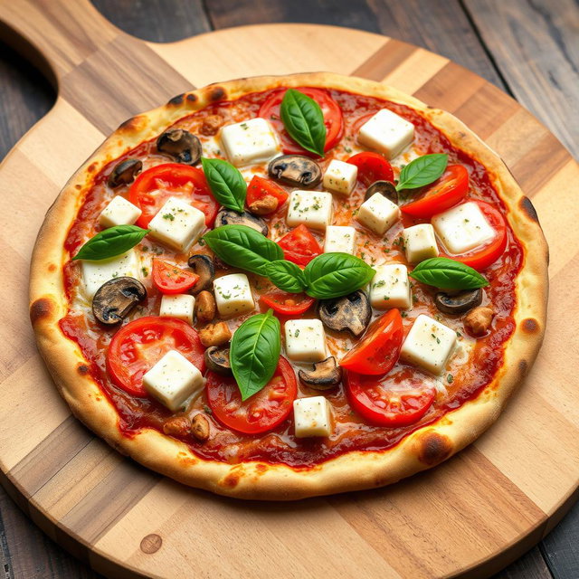 A vibrant vegetarian pizza featuring juicy tomatoes, tender mushrooms, paneer cubes, and crunchy capsicum, all beautifully blended under a luscious layer of melted mozzarella cheese for a creamy texture