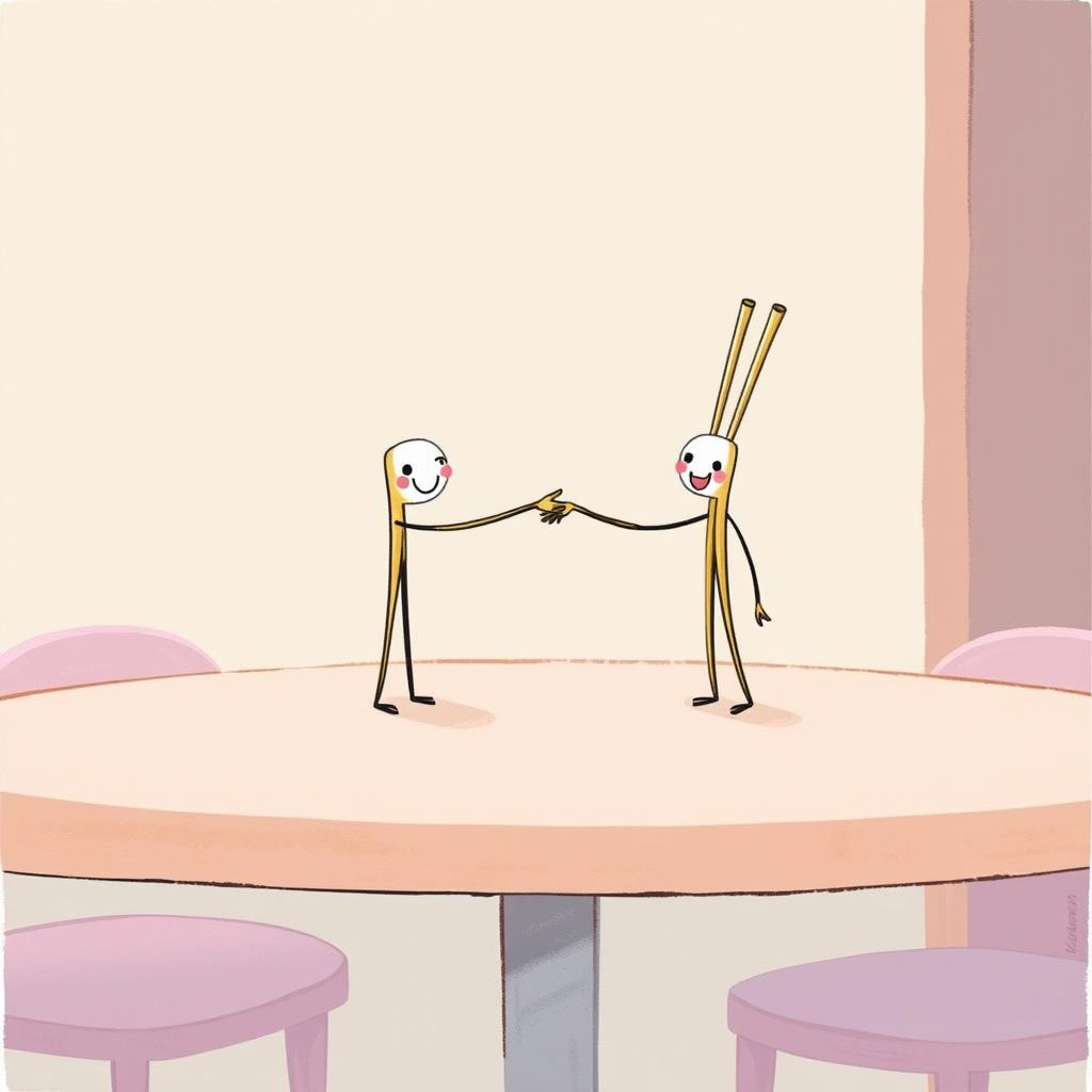 A playful scene depicting two chopsticks standing on a macaron-colored dining table, cheerfully shaking hands with each other