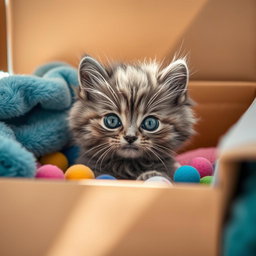 A cute fluffy gray kitten peeking out of a cardboard box with big expressive eyes, surrounded by colorful toys and soft blankets, with sunlight streaming in creating a warm and inviting atmosphere