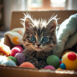 A cute fluffy gray kitten peeking out of a cardboard box with big expressive eyes, surrounded by colorful toys and soft blankets, with sunlight streaming in creating a warm and inviting atmosphere
