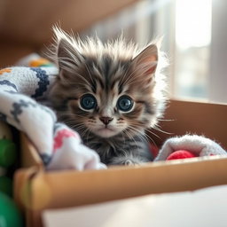 A cute fluffy gray kitten peeking out of a cardboard box with big expressive eyes, surrounded by colorful toys and soft blankets, with sunlight streaming in creating a warm and inviting atmosphere