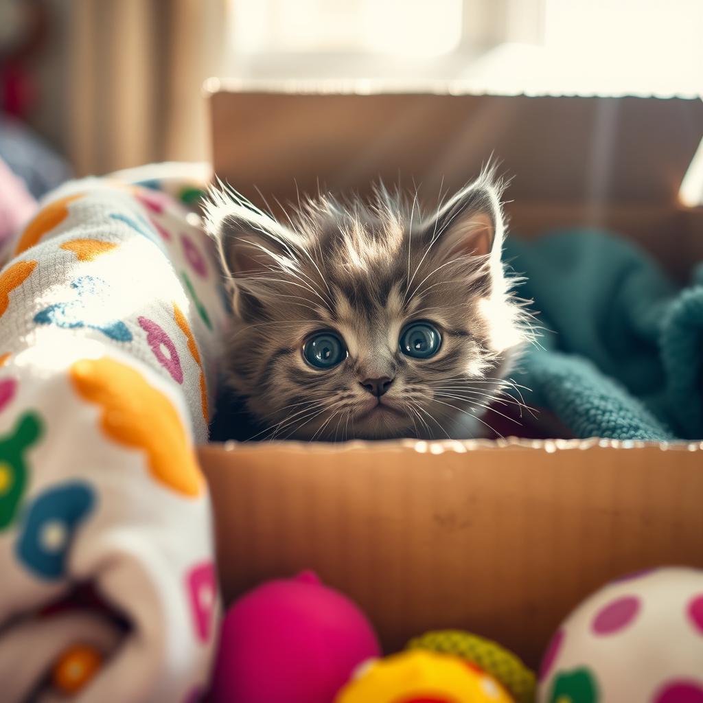 A cute fluffy gray kitten peeking out of a cardboard box with big expressive eyes, surrounded by colorful toys and soft blankets, with sunlight streaming in creating a warm and inviting atmosphere