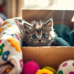 A cute fluffy gray kitten peeking out of a cardboard box with big expressive eyes, surrounded by colorful toys and soft blankets, with sunlight streaming in creating a warm and inviting atmosphere