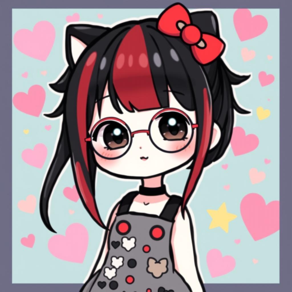 An adorable character inspired by Hello Kitty, featuring black and red split-dyed hair styled in a cute fashion, adorned with round glasses that add charm to her face