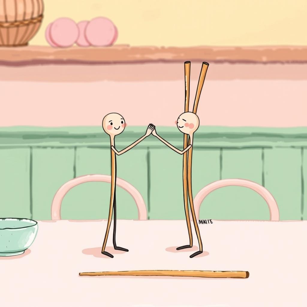 A whimsical scene on a dining table showcasing two chopsticks standing upright and shaking hands with each other
