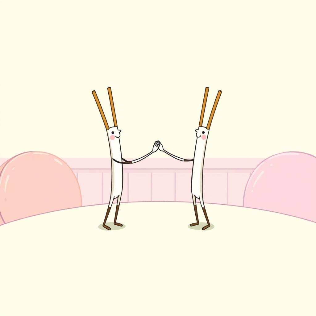 A charming scene depicting two identical chopsticks standing on a macaron-colored dining table, playfully shaking hands with each other