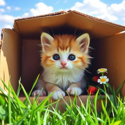 A cute, fluffy kitten nestled comfortably inside a cardboard box, with its big, curious eyes peeking out
