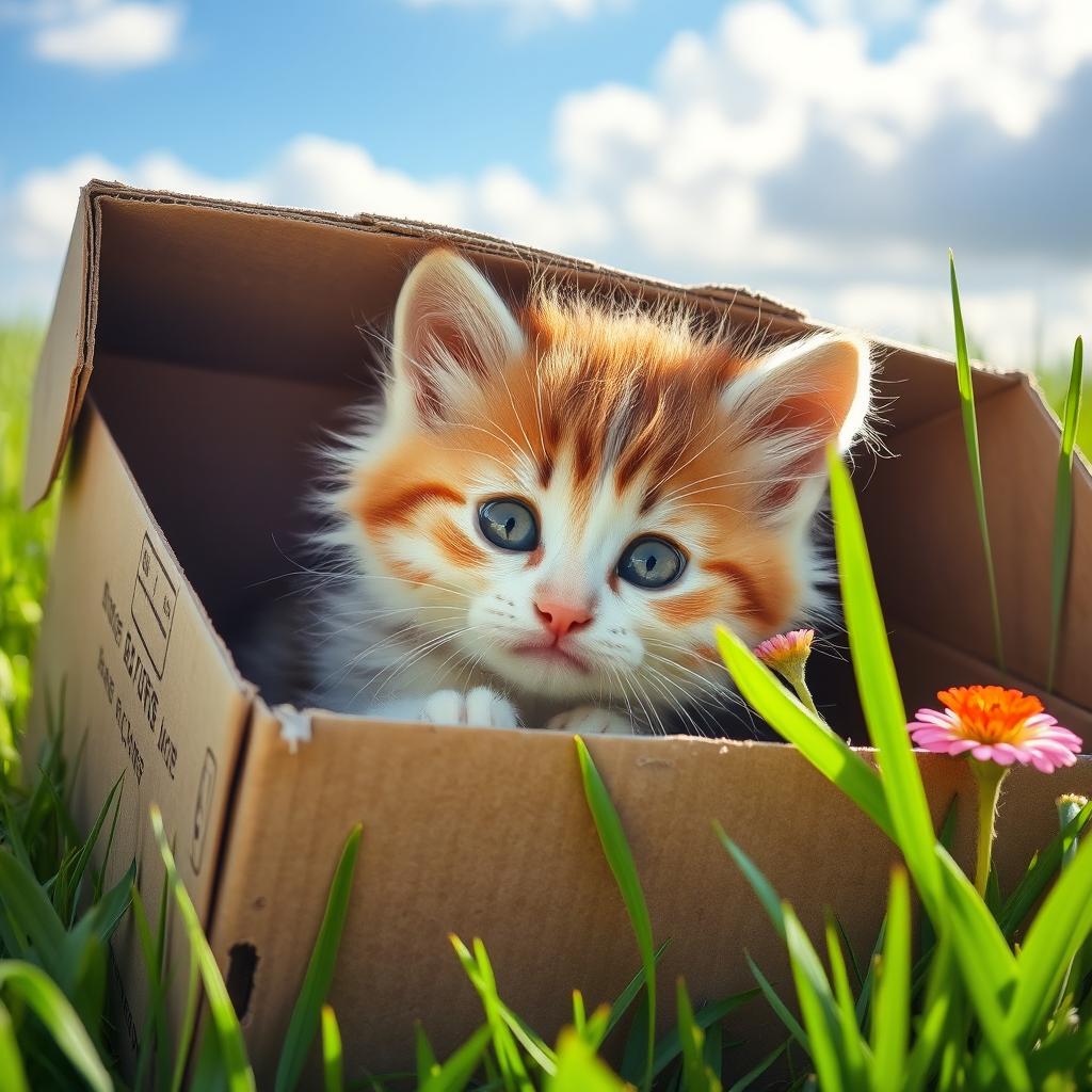A cute, fluffy kitten nestled comfortably inside a cardboard box, with its big, curious eyes peeking out