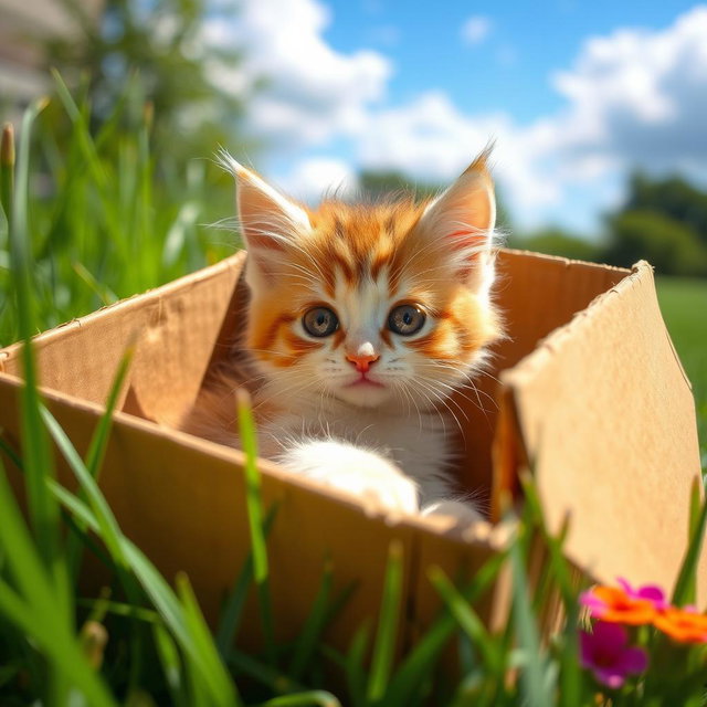 A cute, fluffy kitten nestled comfortably inside a cardboard box, with its big, curious eyes peeking out