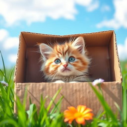 A cute, fluffy kitten nestled comfortably inside a cardboard box, with its big, curious eyes peeking out