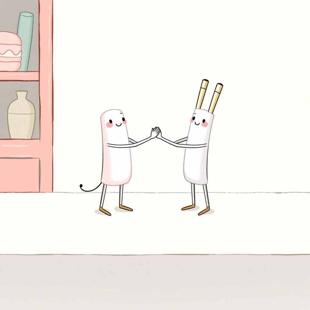 A delightful scene featuring two identical chopsticks standing on a macaron-colored dining table, playfully shaking hands with each other